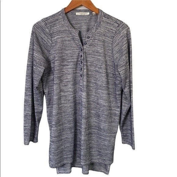 Cyrus Tops - Cyrus Striped Henley Navy Tunic Top High Low Hem Long Sleeve 1/2 Button Front